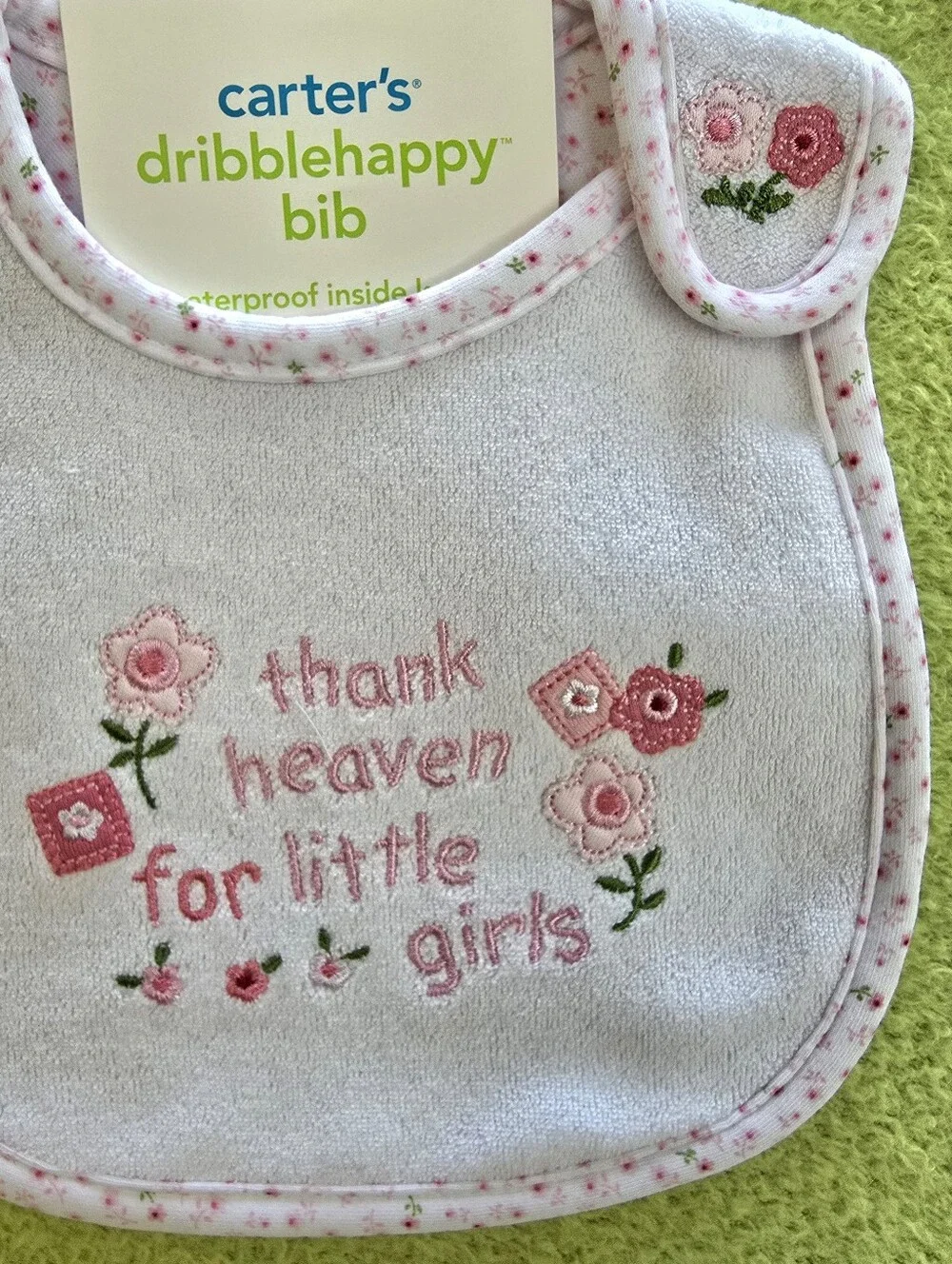 NWT - BABY GIRLS BIB ★ Thank Heaven for LITTLE GIRLS  - Embroidered Flowers (Q6)